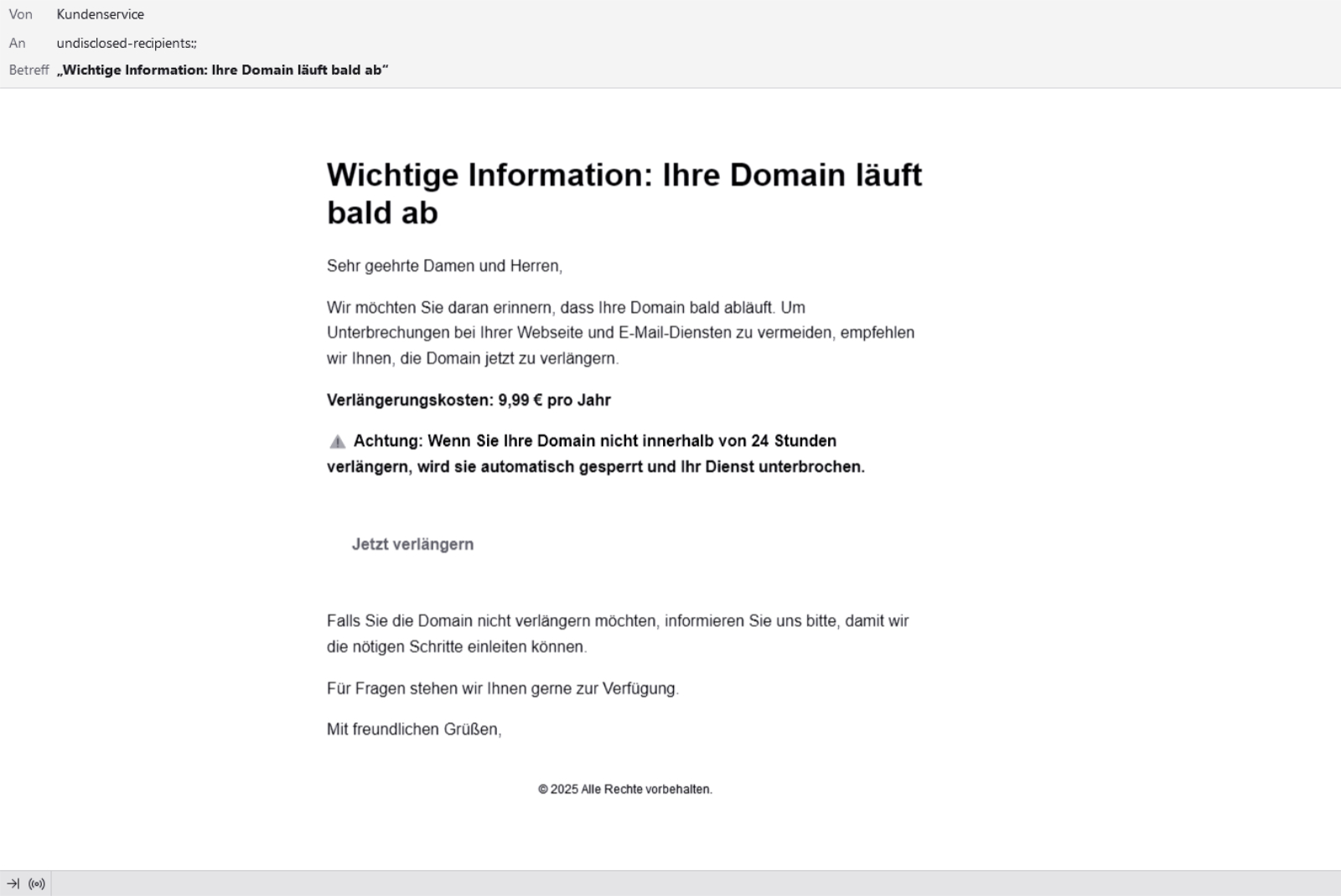 Phishing-Betrug: „Wichtige Information: Ihre Domain läuft bald ab“