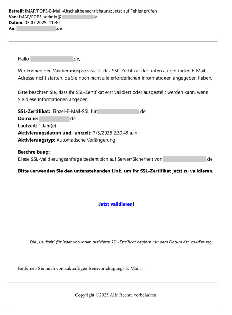 Bild der Phishing-Mail: SSL-Zertifikat Validierung – IMAP/POP3-E-Mail-Abschaltbenachrichtigung