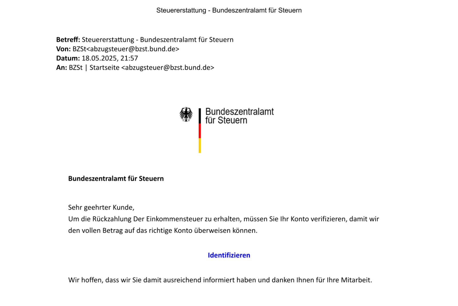 gefälschte E-Mail mit dem Betreff „Steuererstattung – Bundeszentralamt für Steuern“